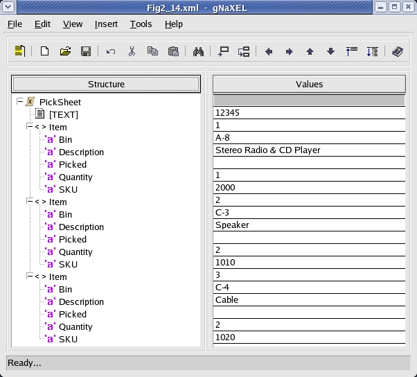 gNaXEL editing an XML file with attributes