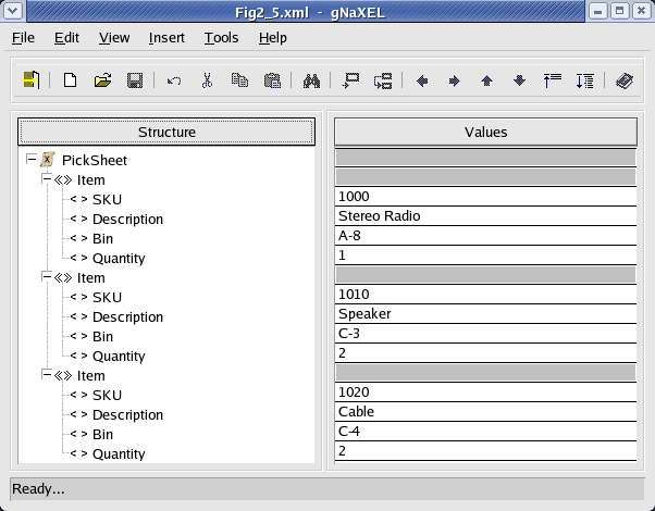 gNaXEL editing an XML file